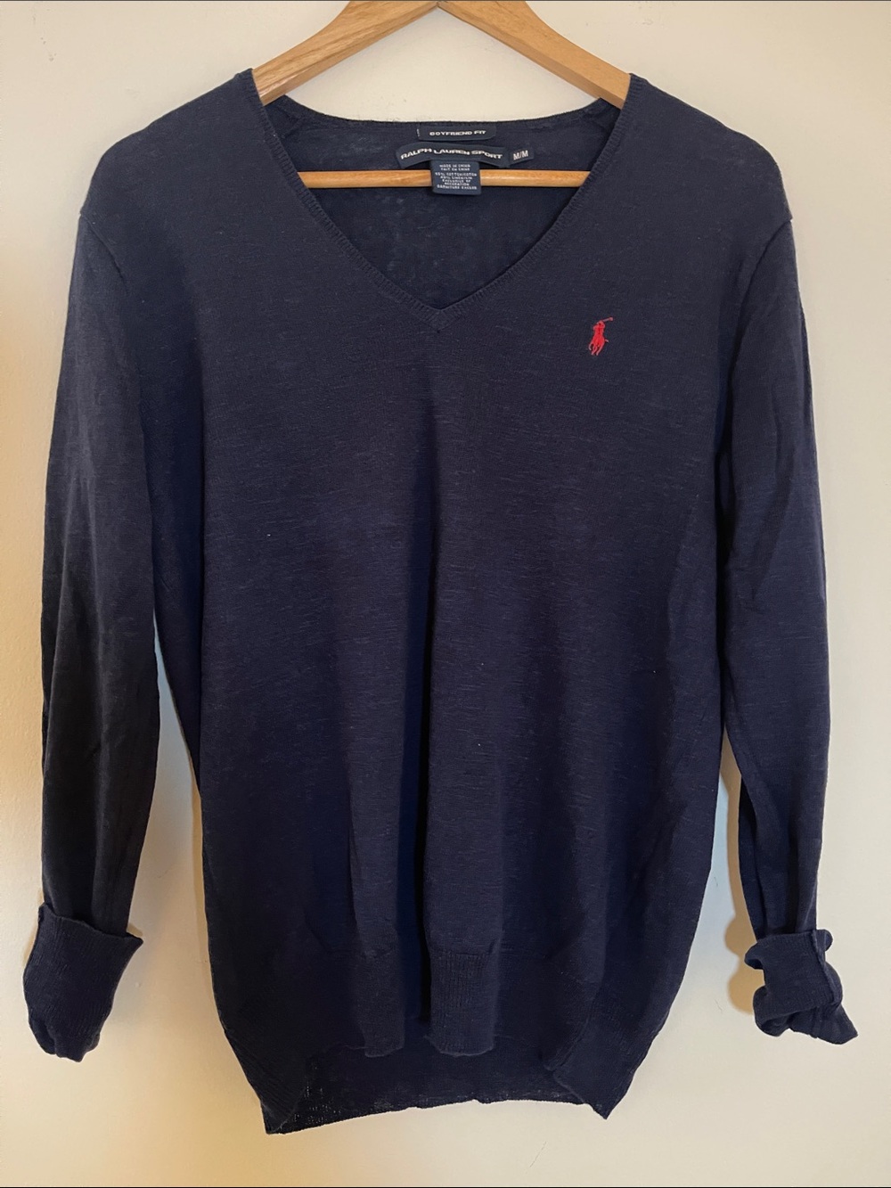 Ralph Lauren Navy V-Neck Sweater with Red Pony Womans linen/cotton size M